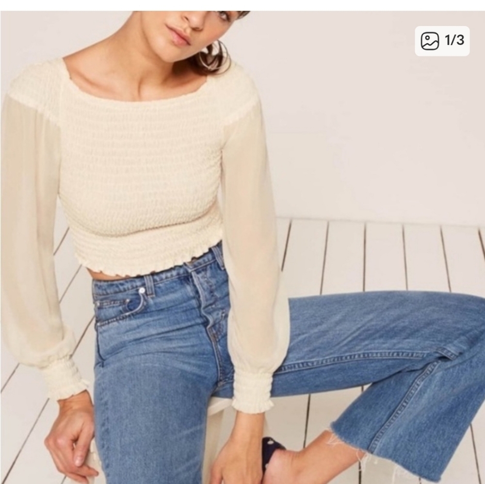 Reformation Cream Smocked Long-Sleeve Peasant Blouse